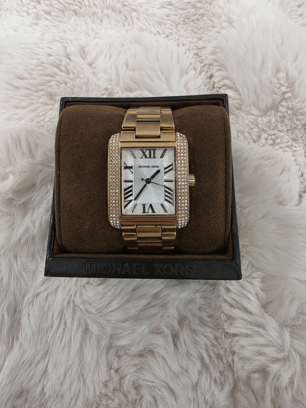 Michael Kors Gold Tone Crystal Accent Rectangular Bracelet Watch